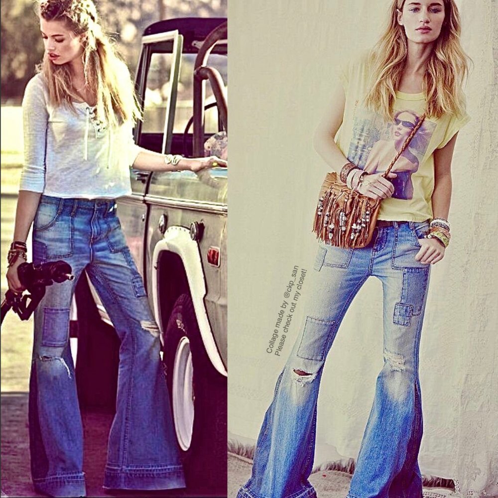 Free People Light Blue Patchwork Flare Jeans - Picture 6 of 16